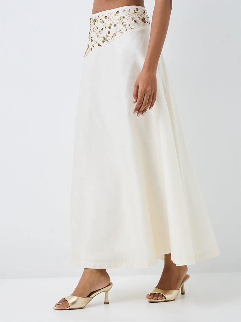 Vark Off-White Botanical Embellished Maxi Skirt