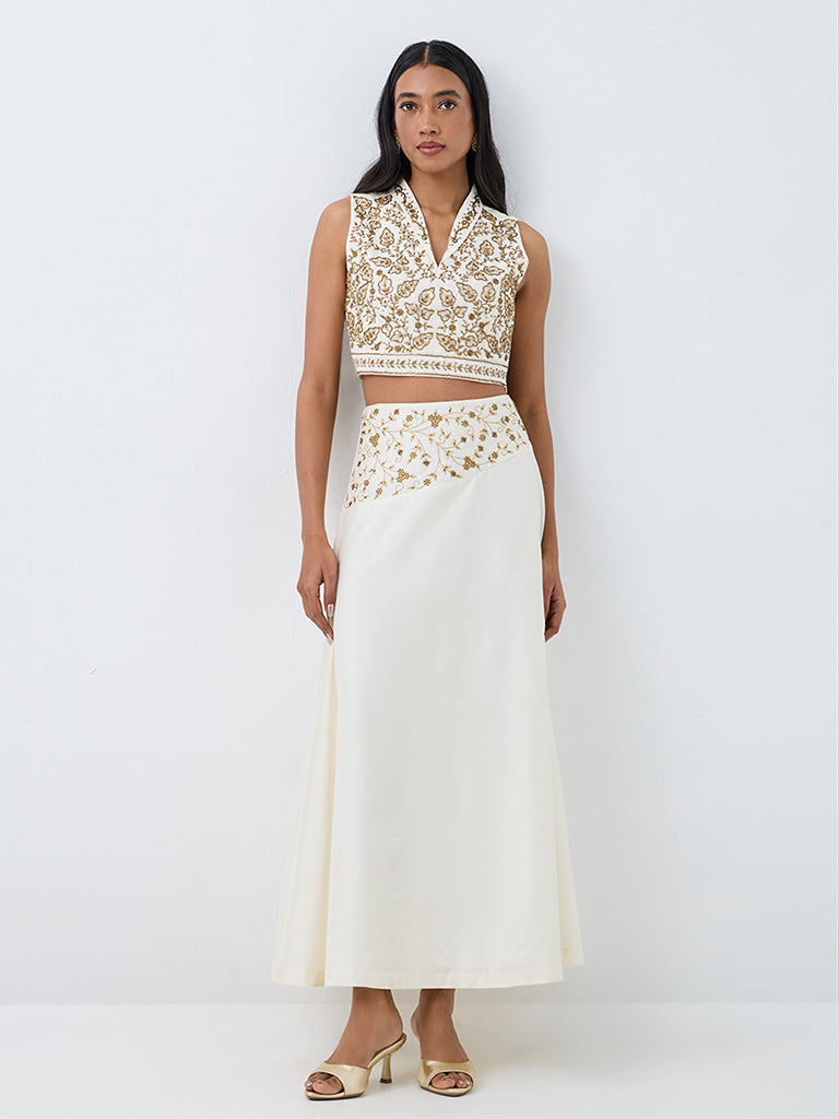 Vark Off-White Botanical Embellished Maxi Skirt
