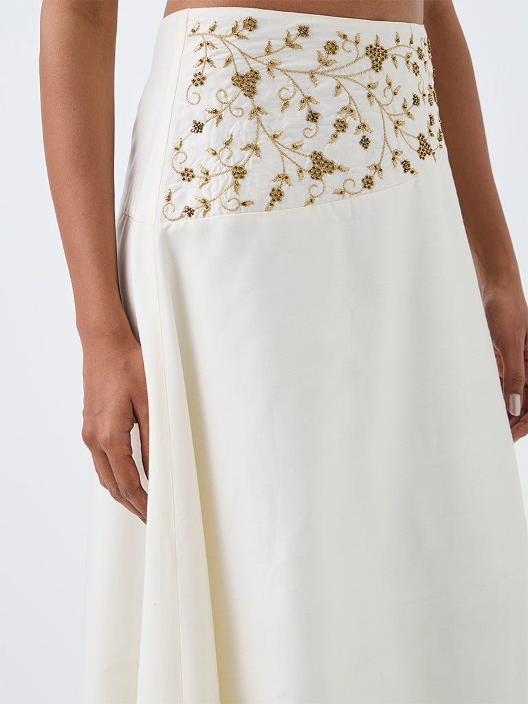 Vark Off-White Botanical Embellished Maxi Skirt