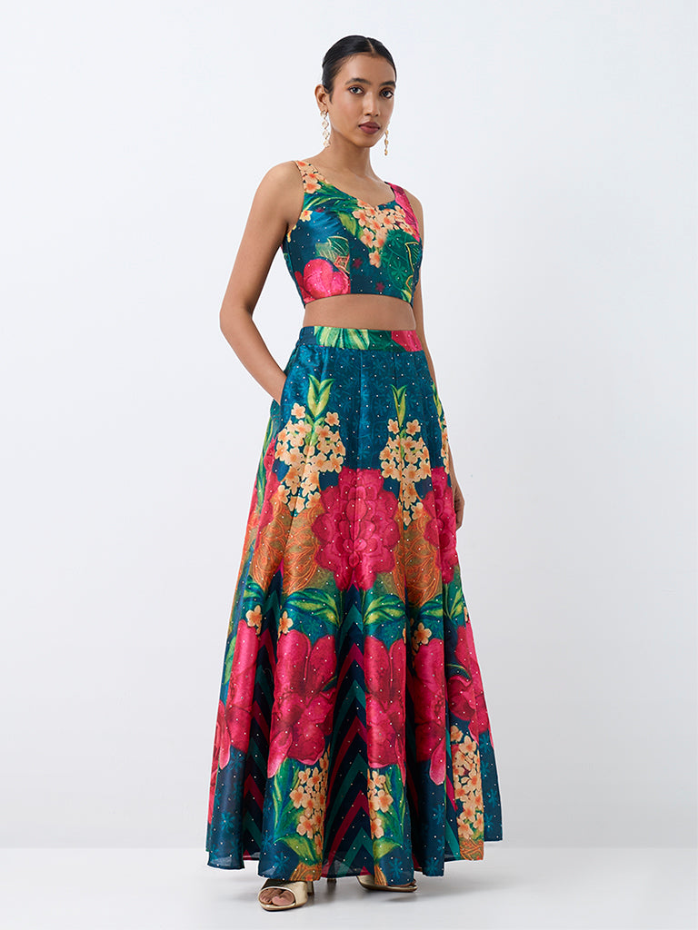 Vark Teal Floral Printed Flared Maxi Skirt