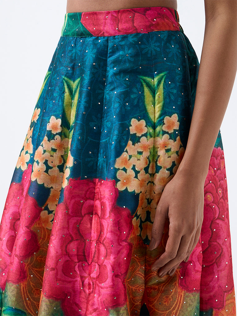 Vark Teal Floral Printed Flared Maxi Skirt