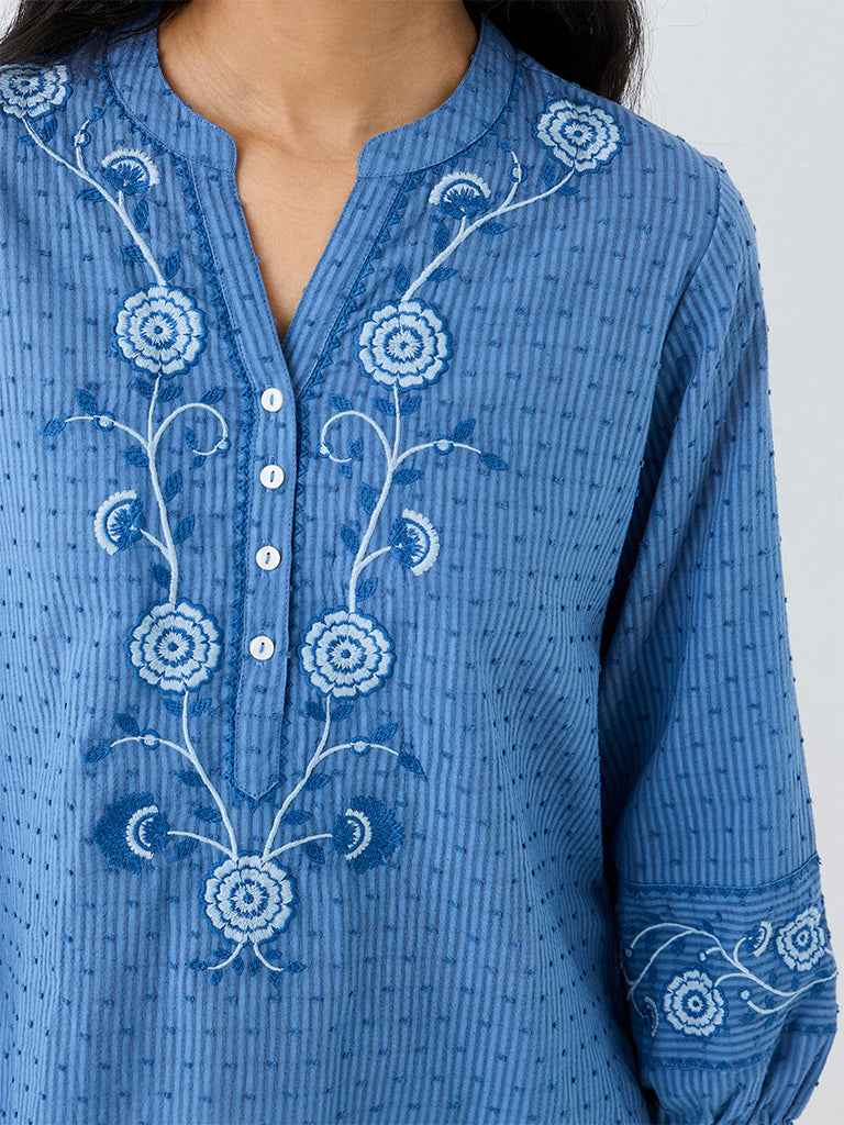 Utsa Blue Floral Embroidered Cotton Tunic