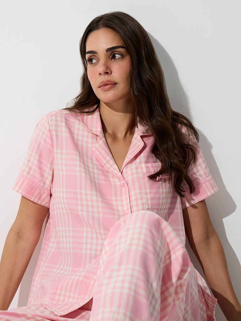 Wunderlove Pink Plaid Checkered Cotton Shirt and Pyjamas Set