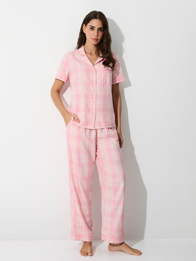 Wunderlove Pink Plaid Checkered Cotton Shirt and Pyjamas Set