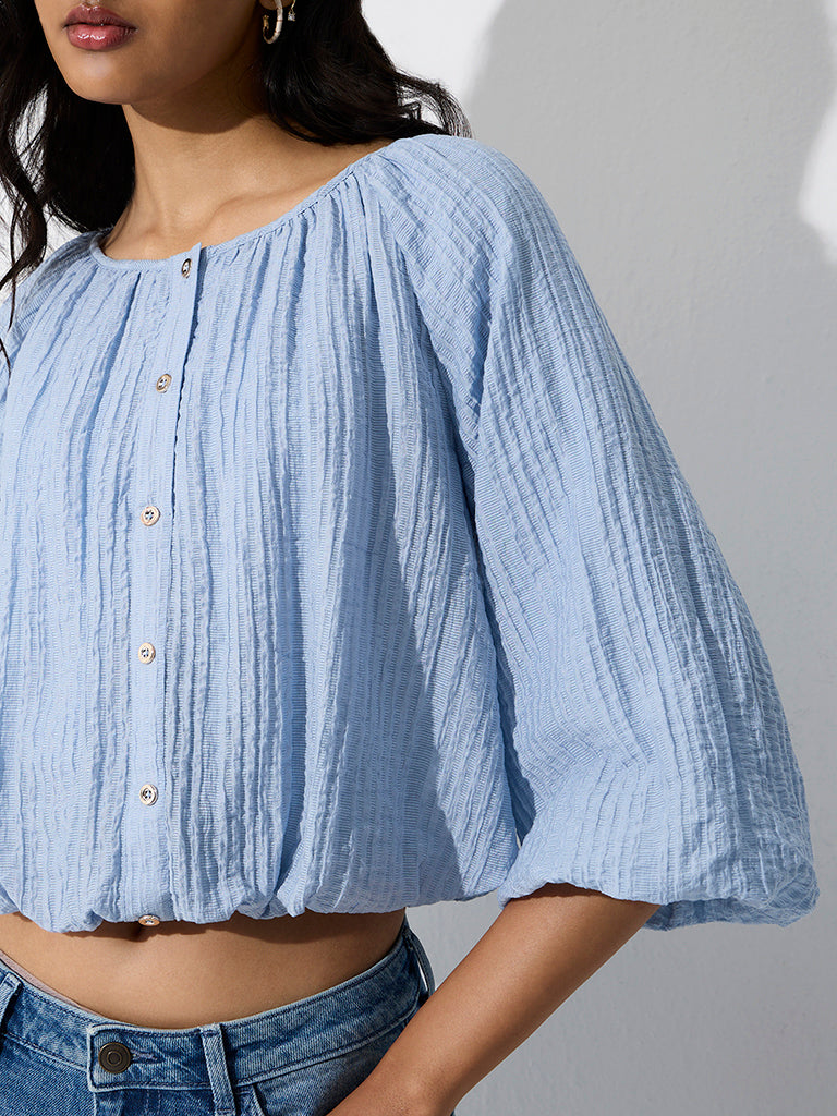 LOV Light Blue Textured Blouse