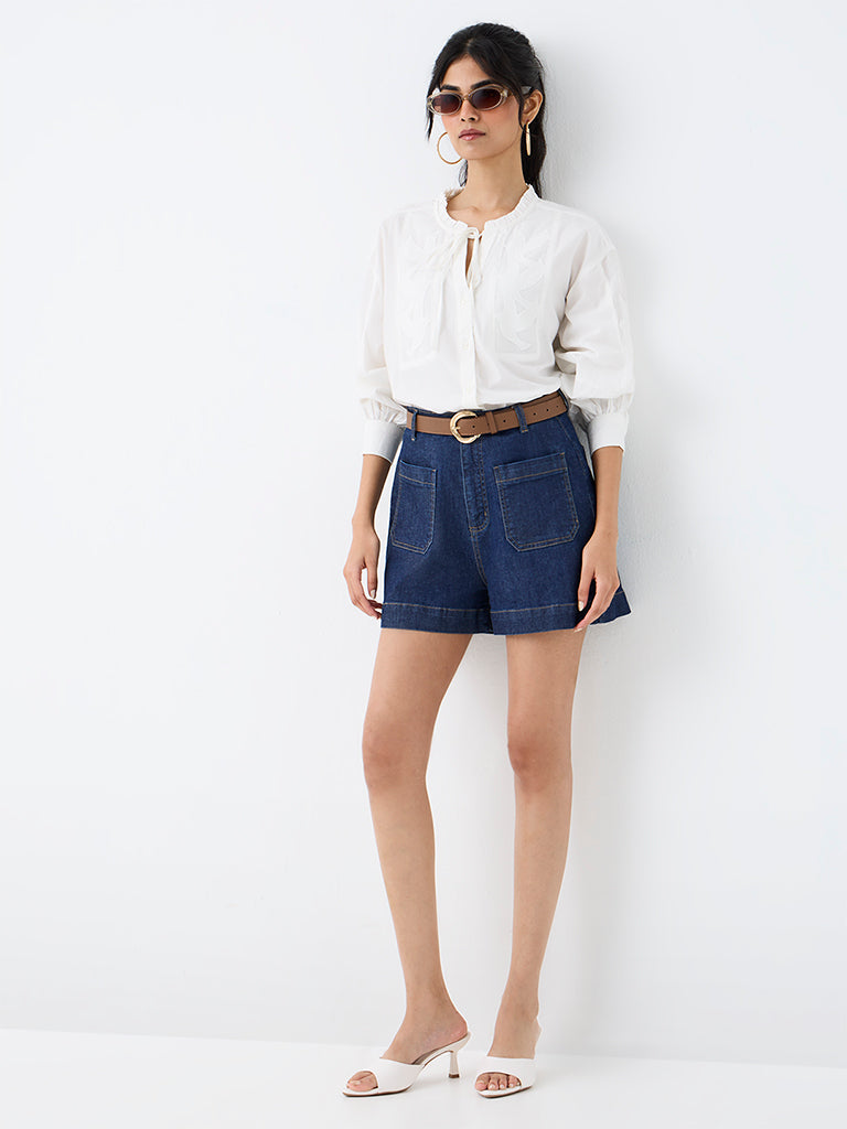 LOV Off-White Bird-Embroidered Cotton Blouse