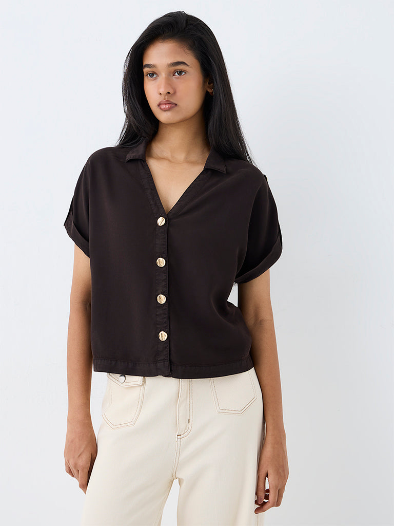 LOV Dark Brown Solid Denim Blouse