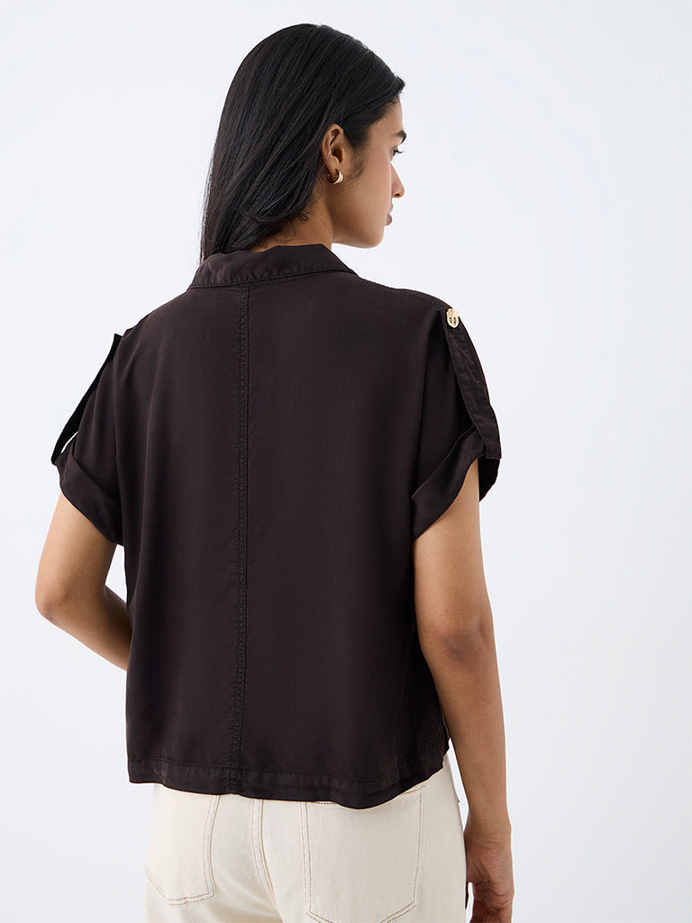 LOV Dark Brown Solid Denim Blouse