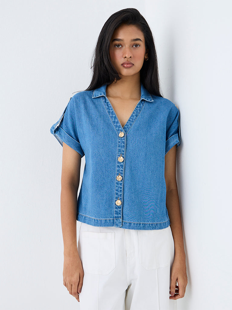LOV Blue Solid Denim Blouse