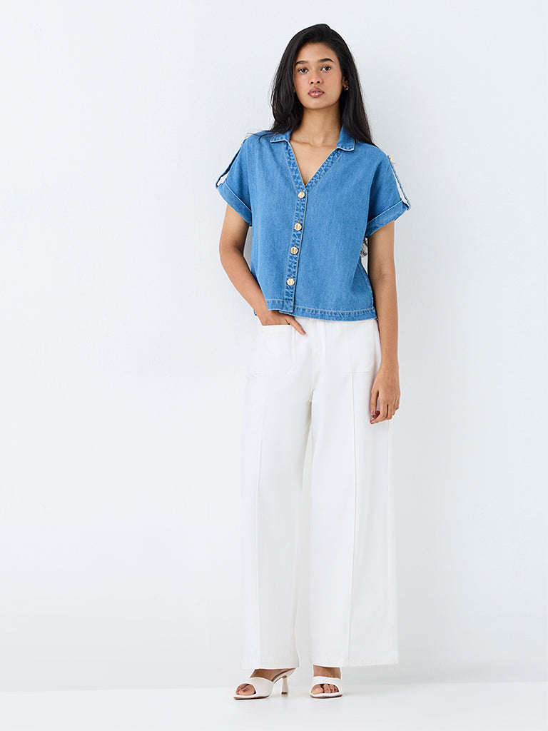 LOV Blue Solid Denim Blouse