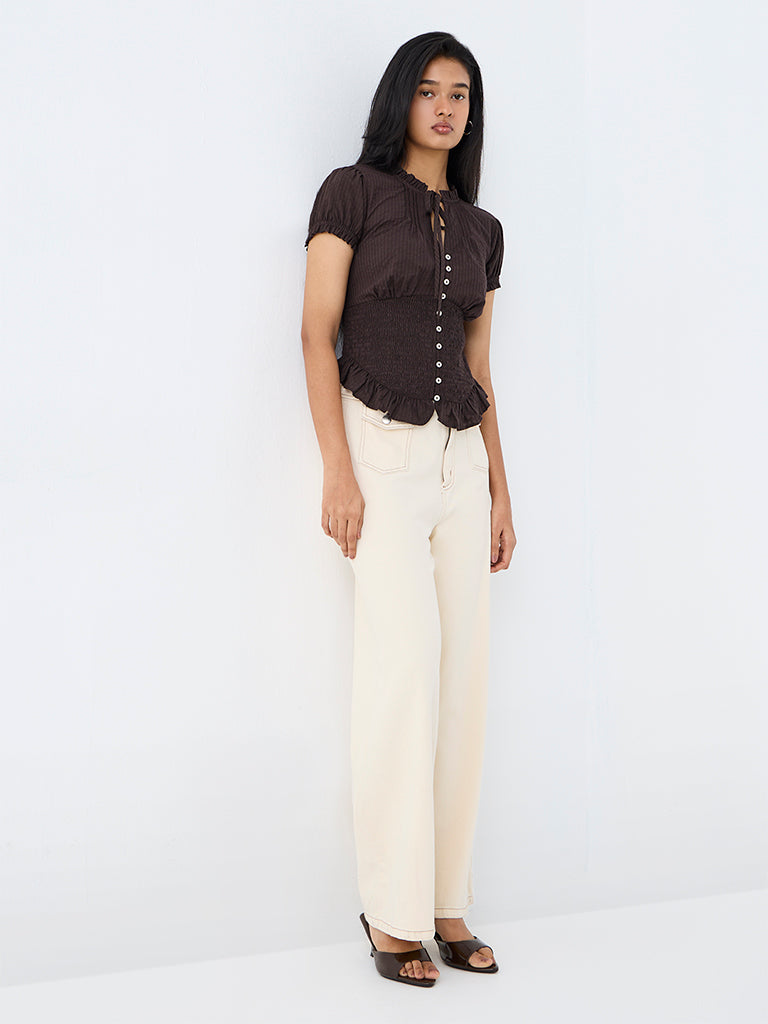LOV Dark Brown Striped Smocked Top