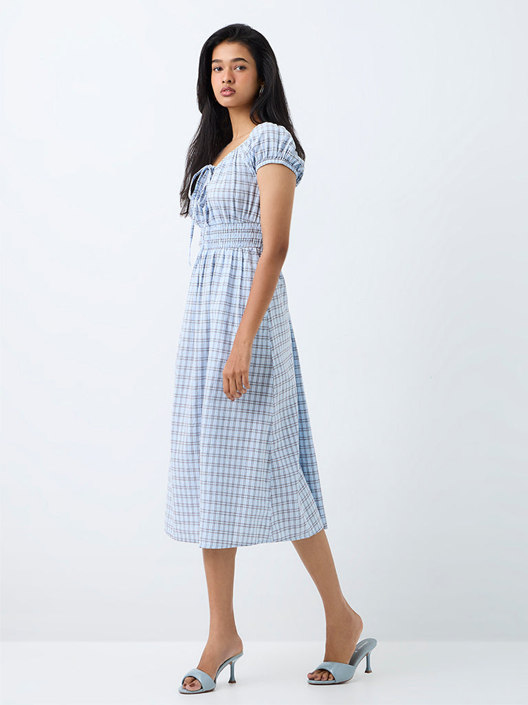LOV Light Blue Checkered Cotton Fit-and-Flare Cotton Midi Dress
