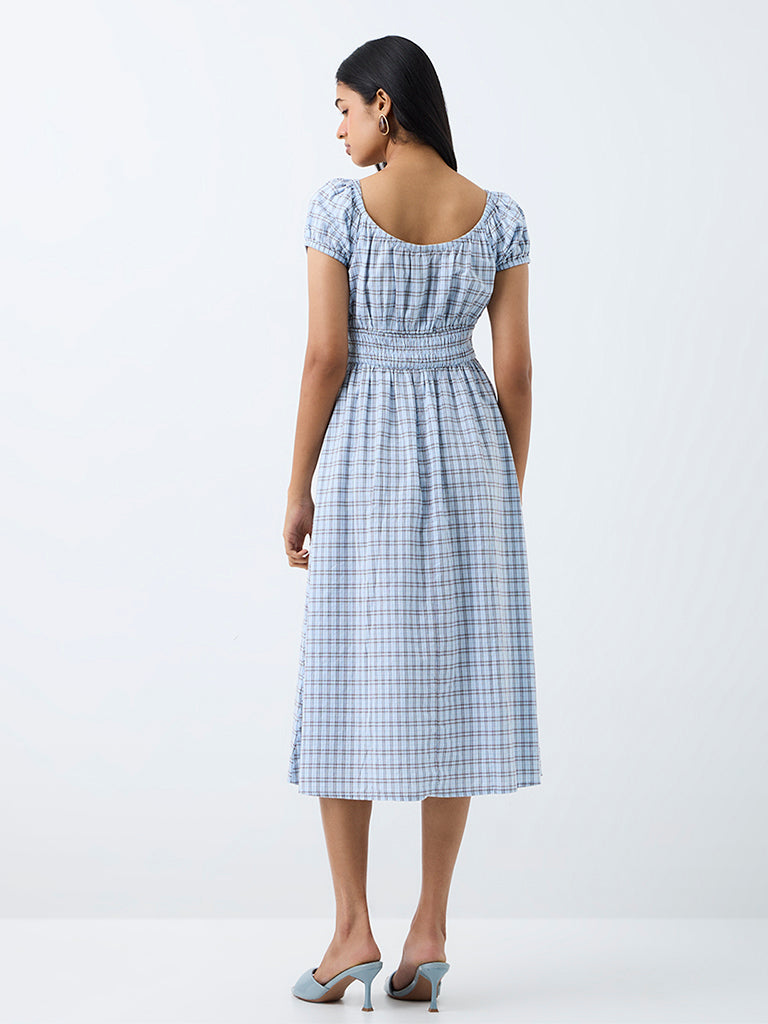 LOV Light Blue Checkered Cotton Fit-and-Flare Cotton Midi Dress