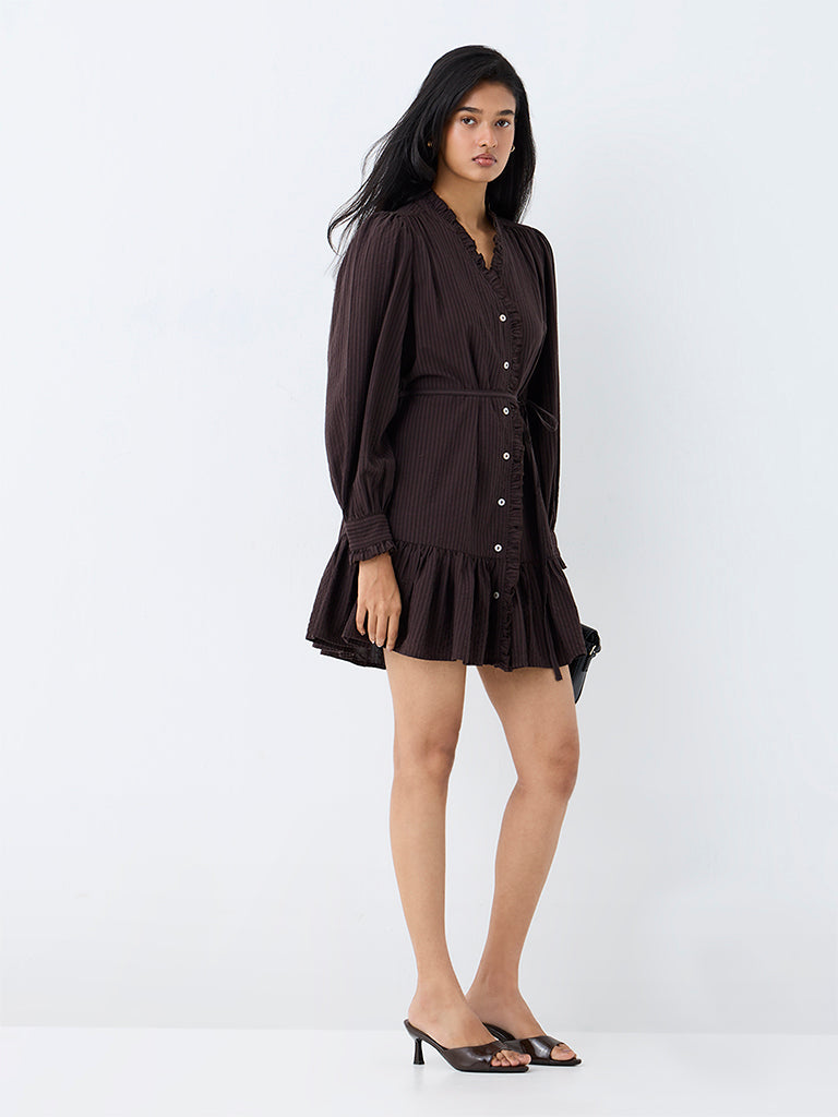 LOV Dark Brown Striped Cotton-Blend Mini Dress with Belt