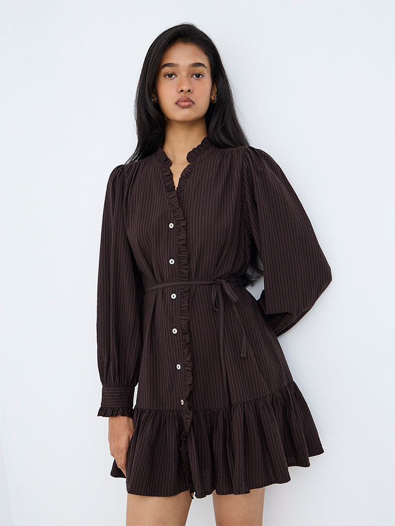 LOV Dark Brown Striped Cotton-Blend Mini Dress with Belt