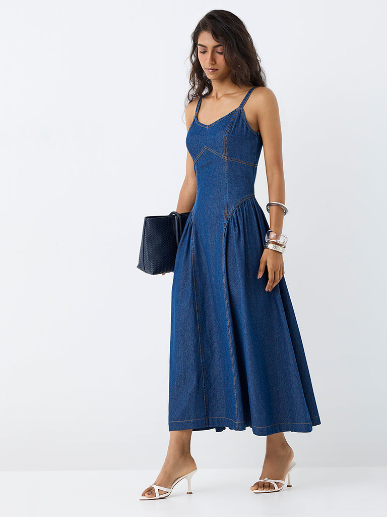 LOV Dark Blue Denim Fit-and-Flare Midi Dress