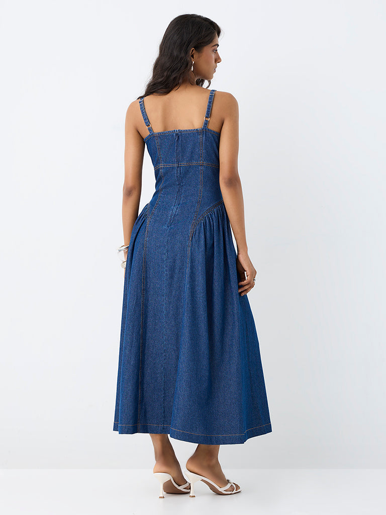 LOV Dark Blue Denim Fit-and-Flare Midi Dress