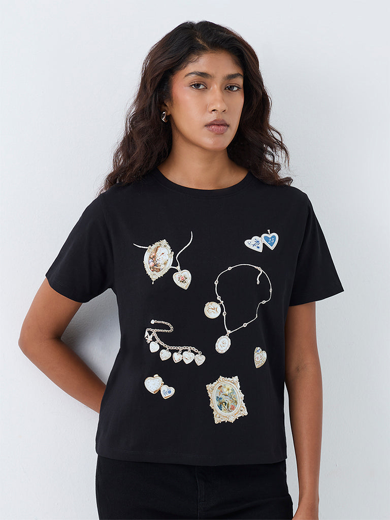 LOV Black Jewellery Printed Cotton T-Shirt
