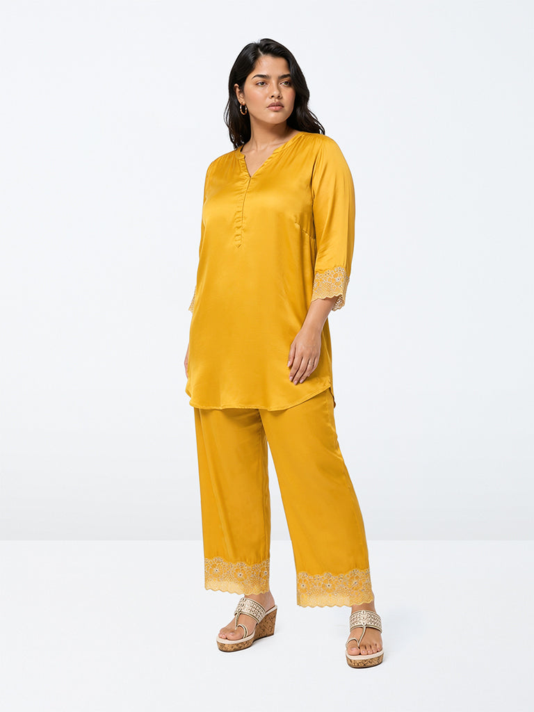 Diza Mustard Floral Lace-Detail Tunic