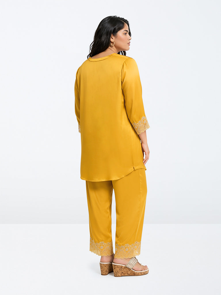 Diza Mustard Floral Lace-Detail Tunic