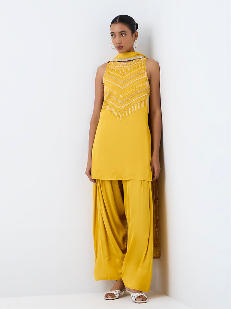 Vark Yellow Chevron Embellished Straight Ethnic Set