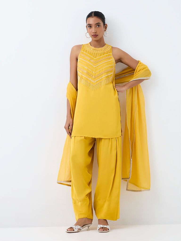 Vark Yellow Chevron Embellished Straight Ethnic Set