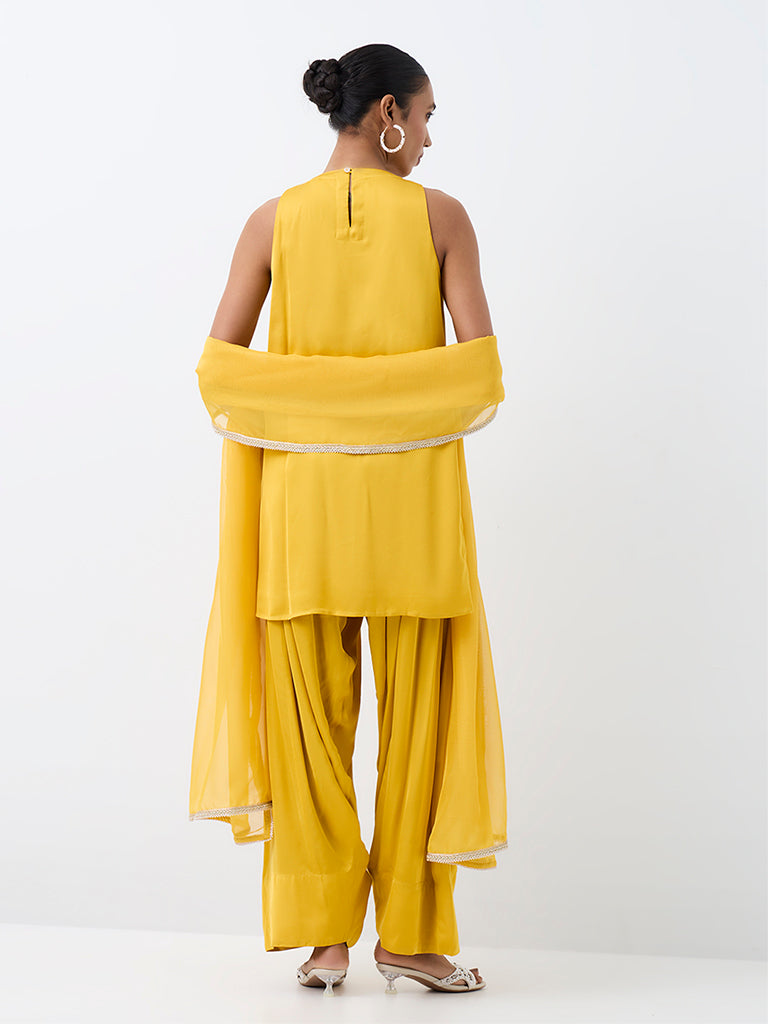 Vark Yellow Chevron Embellished Straight Ethnic Set