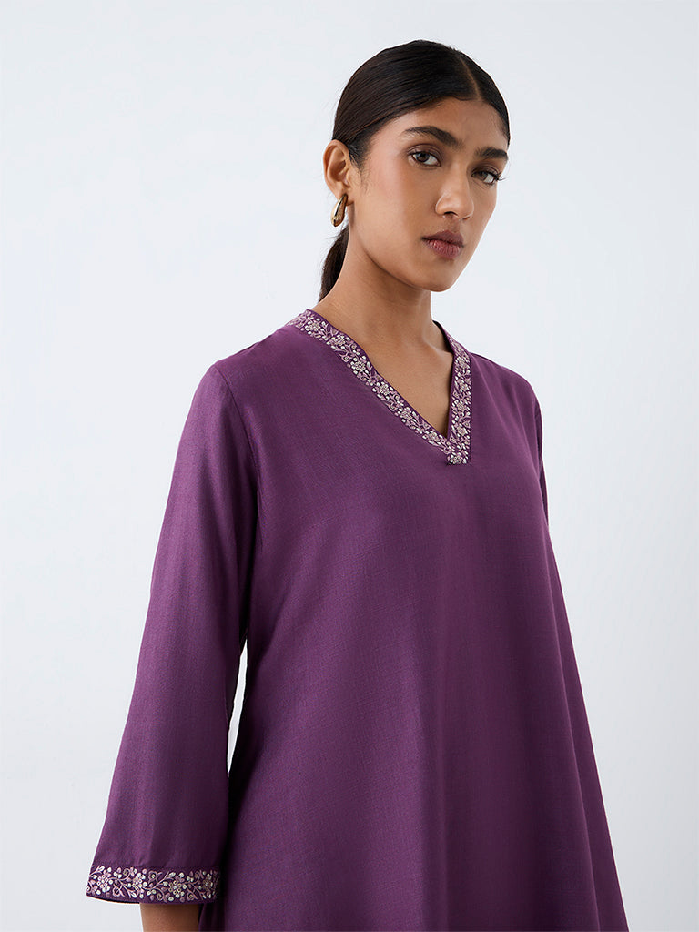 Zuba Purple Floral Embroidered Asymmetric Cotton-Blend Kurta