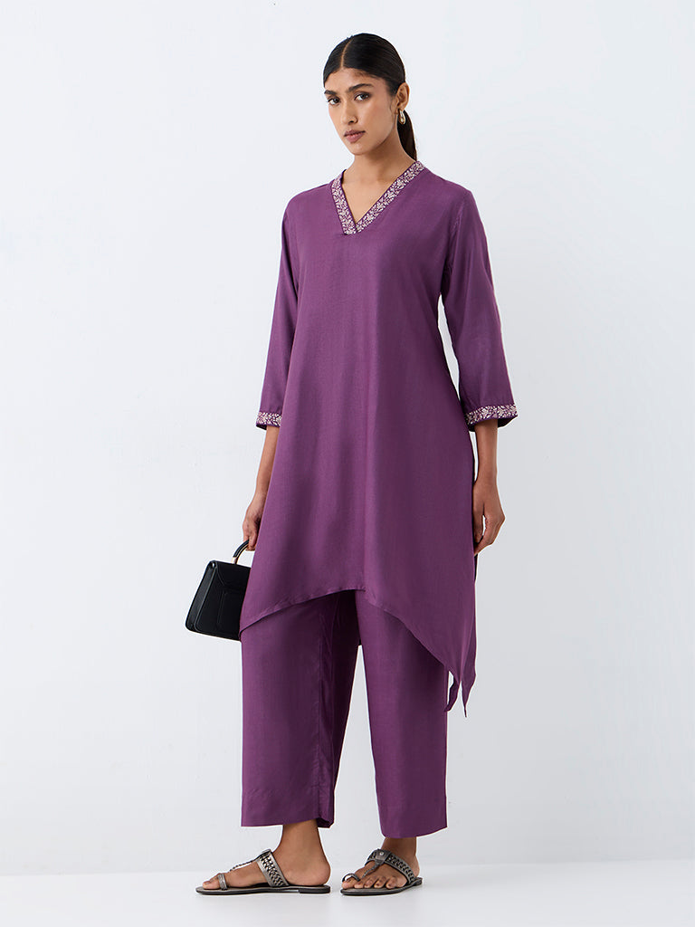 Zuba Purple Floral Embroidered Asymmetric Cotton-Blend Kurta