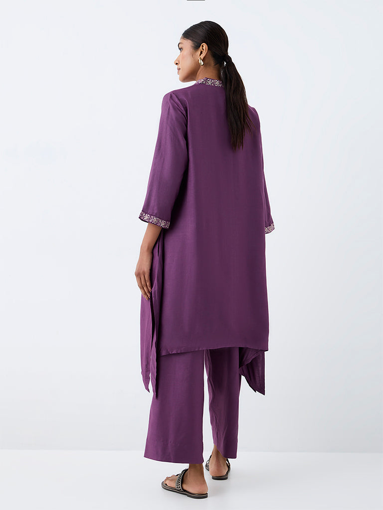 Zuba Purple Floral Embroidered Asymmetric Cotton-Blend Kurta