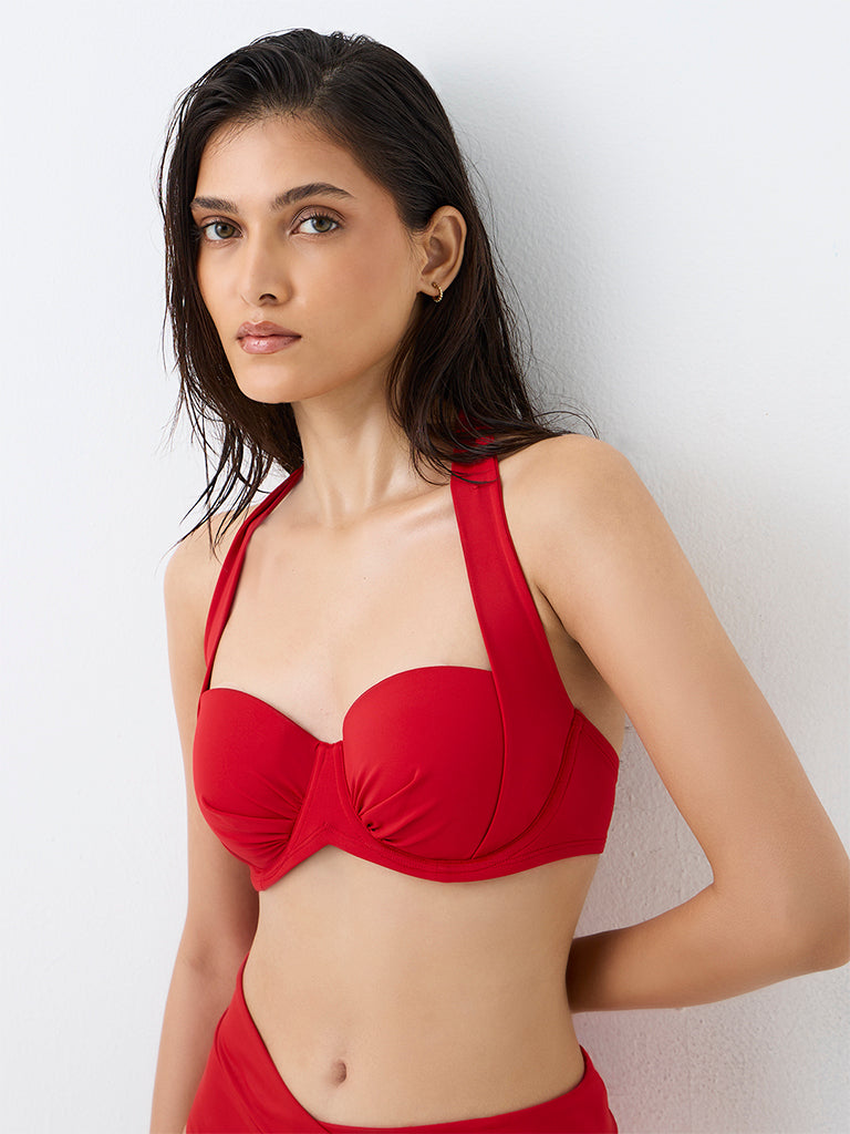 Wunderlove Swimwear Red Ruched Underwired Balconette Bra