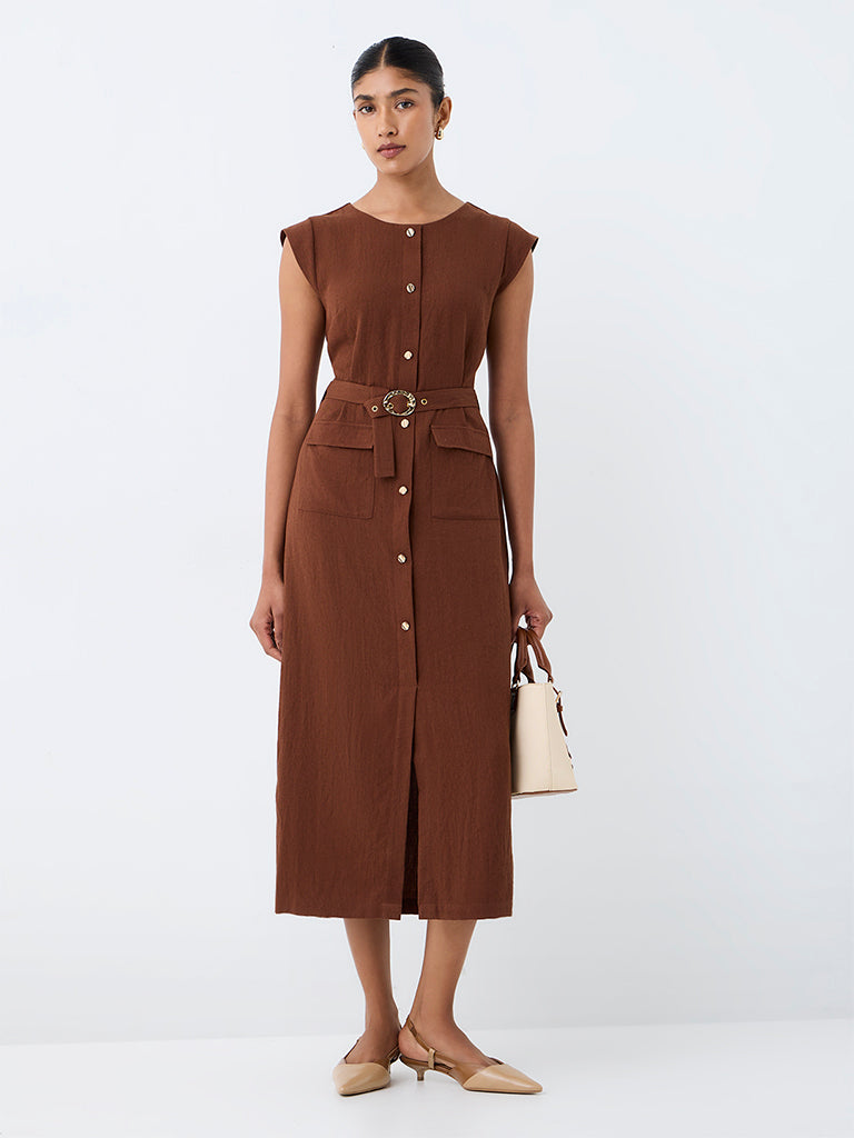 Wardrobe Brown Solid A-Line Dress with Belt