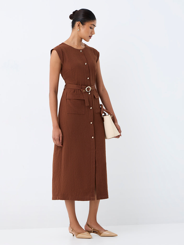 Wardrobe Brown Solid A-Line Dress with Belt