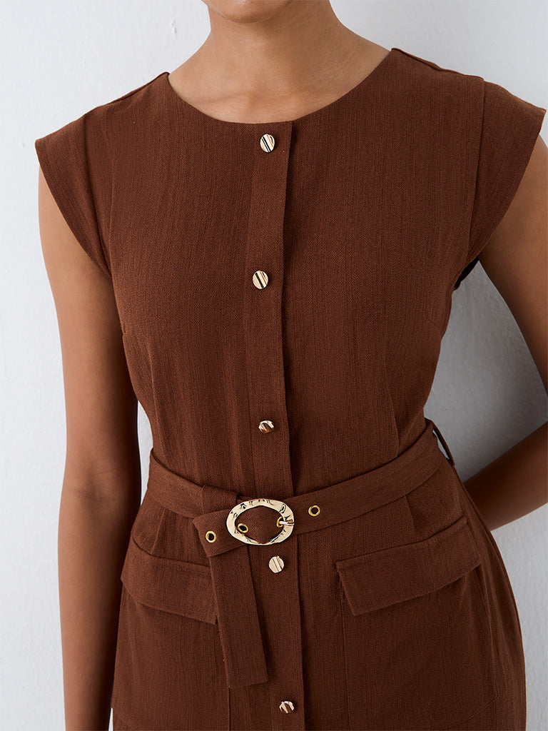 Wardrobe Brown Solid A-Line Dress with Belt