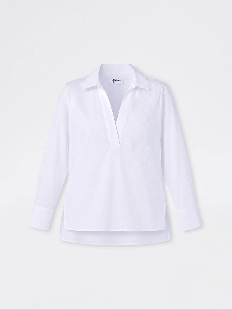 Gia White Solid High-Low Cotton Blouse