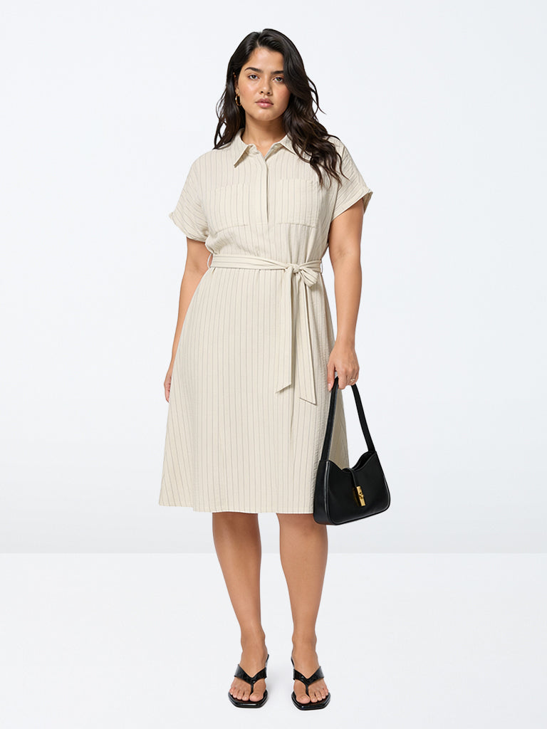 Gia Off-White Striped Shirt Dress with Belt