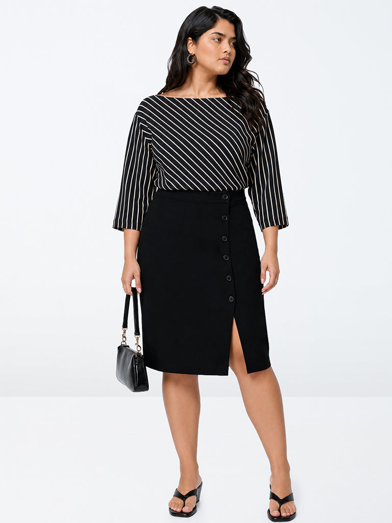 Gia Black Solid High-Rise Cotton Midi Skirt
