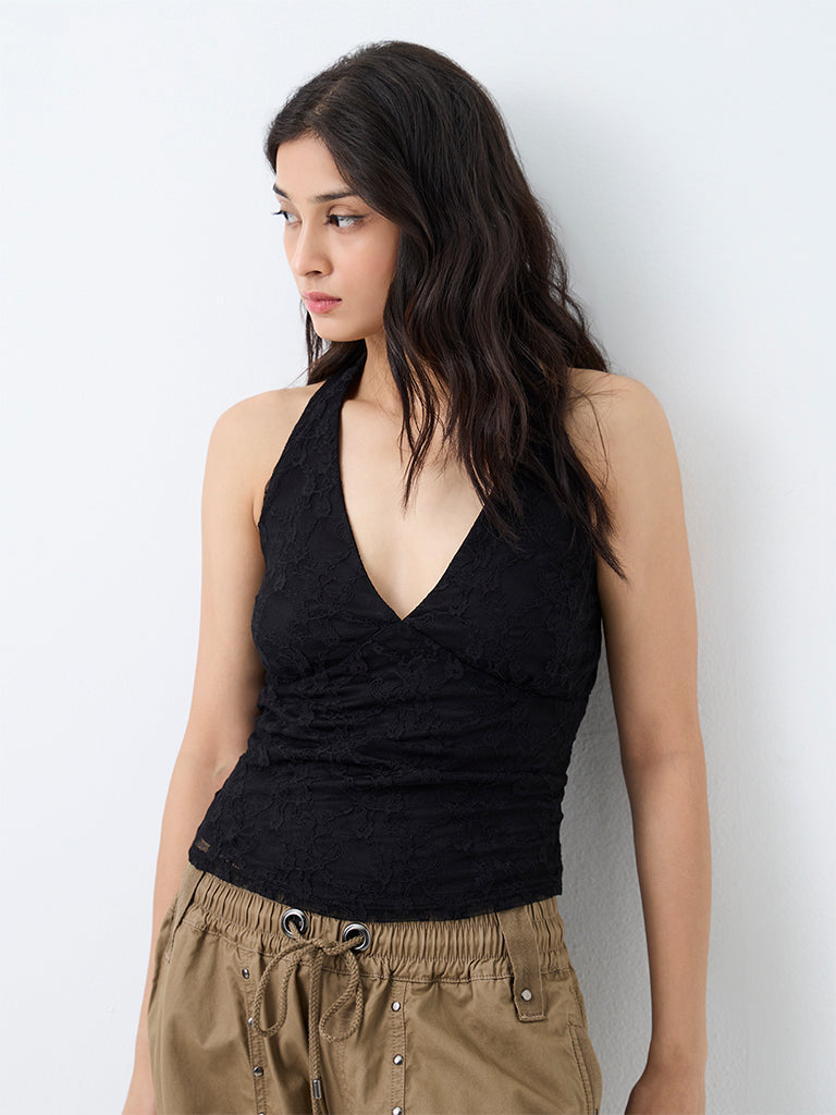 Nuon Black Floral Lace Halter-Neck Top
