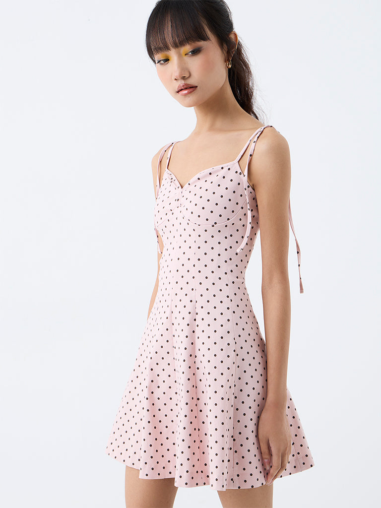 Nuon Pink Polka Dotted Mini A-Line Dress