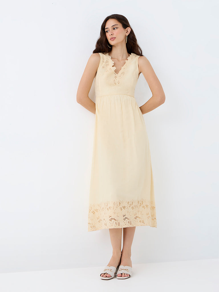 LOV Light Yellow Embroidered A-Line Midi Dress