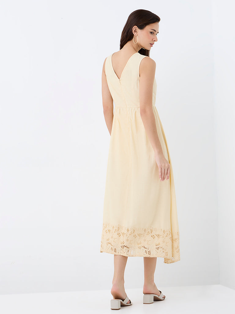 LOV Light Yellow Embroidered A-Line Midi Dress