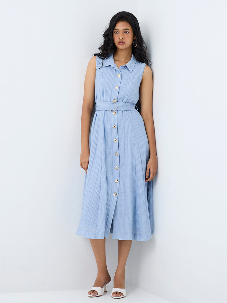 LOV Light Blue Self-Striped Shirt Dress with Belt