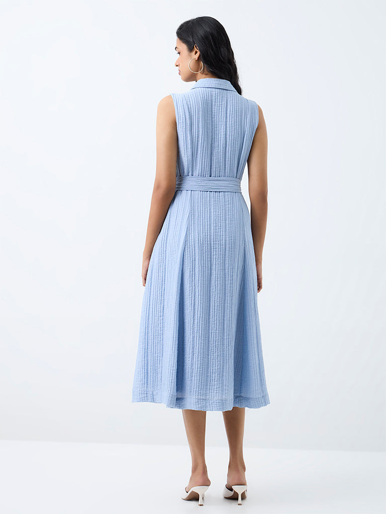 LOV Light Blue Self-Striped Shirt Dress with Belt