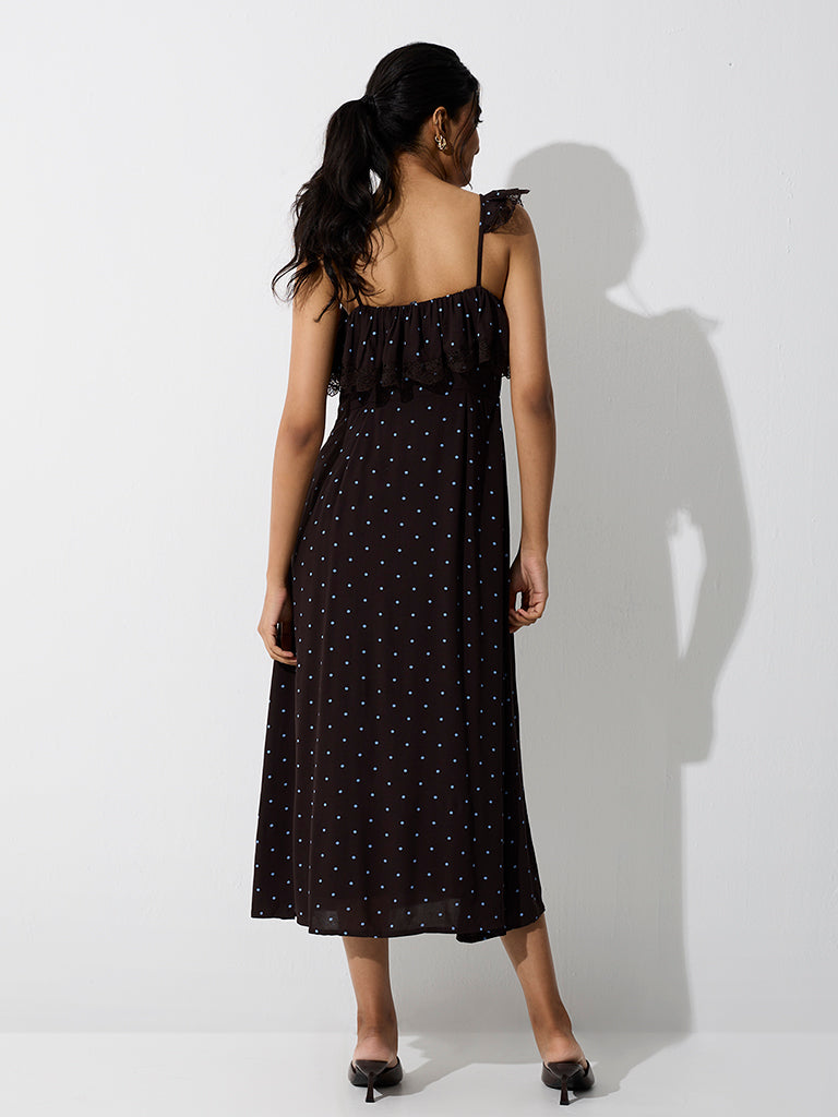 LOV Dark Brown Polka Dot Printed A-Line Dress