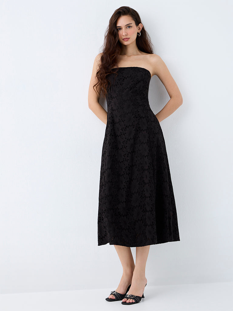 LOV Black Floral Embroidered Cotton Tube Dress