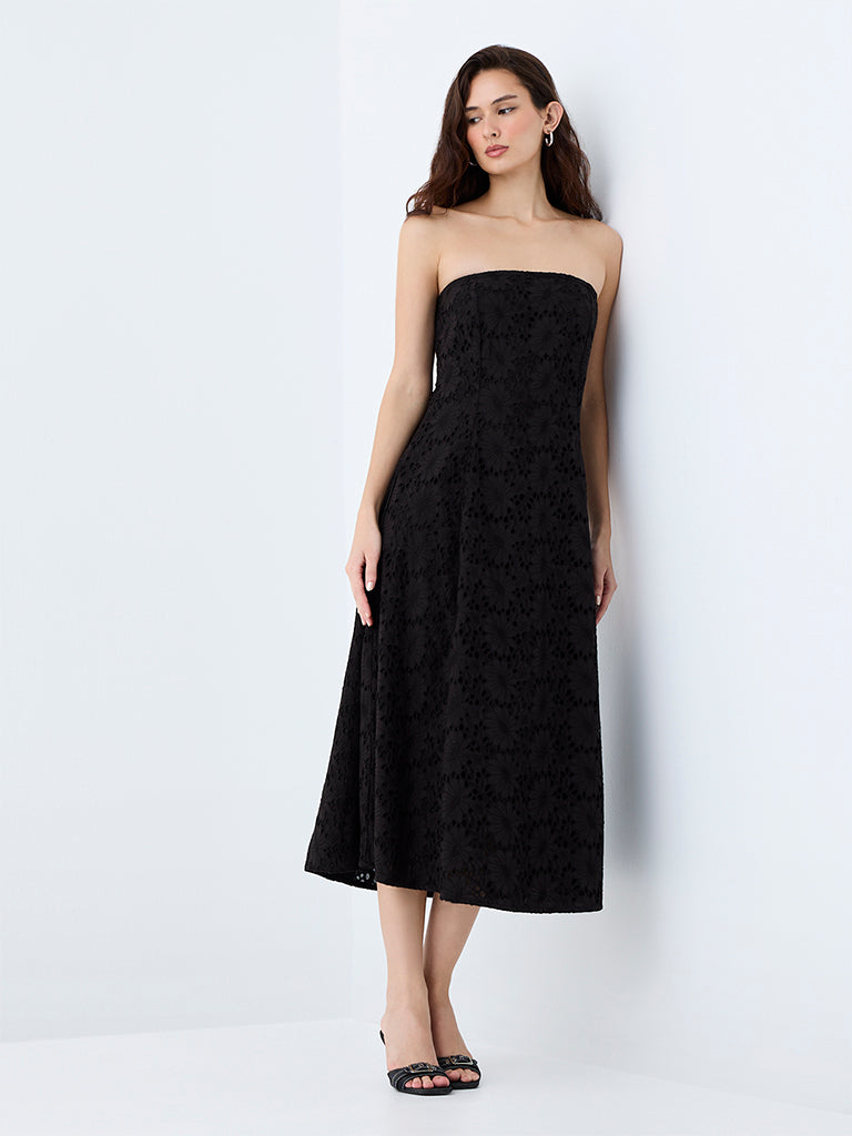 LOV Black Floral Embroidered Cotton Tube Dress