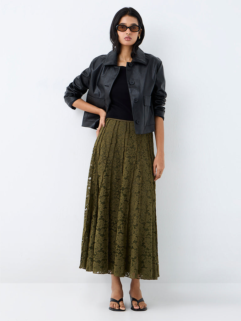 LOV Olive Lace Detailed High-Rise Skirt