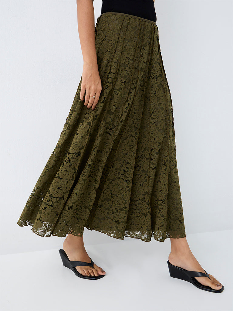 LOV Olive Lace Detailed High-Rise Skirt