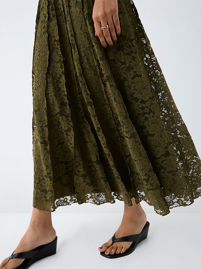 LOV Olive Lace Detailed High-Rise Skirt