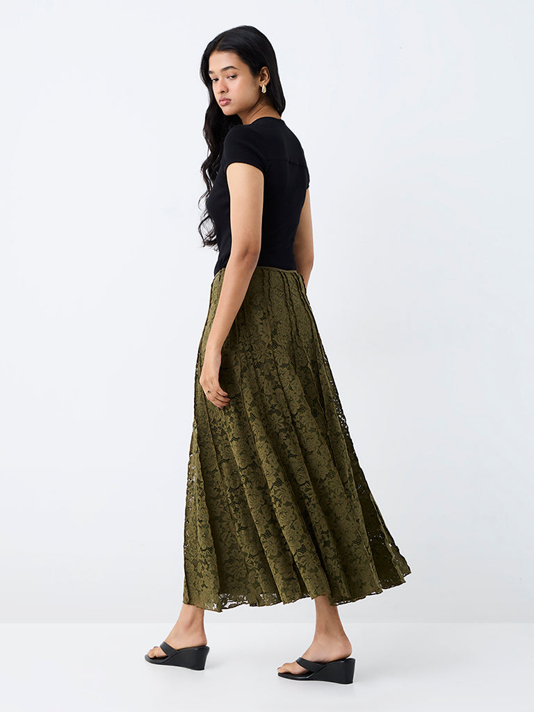 LOV Olive Lace Detailed High-Rise Skirt